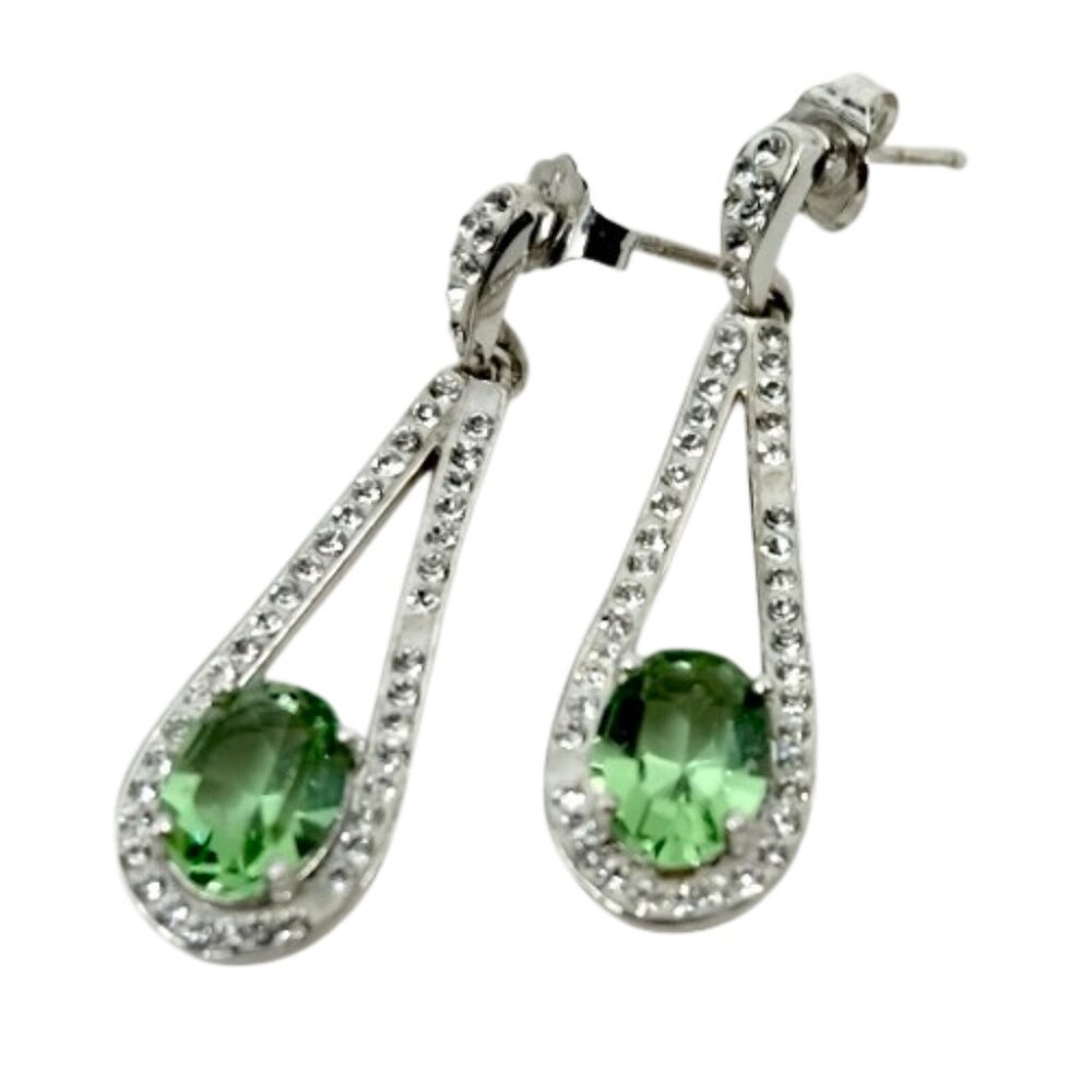 WHITE GOLD STERLING PERIDOT CRYSTAL TEAR DROP EARRINGS~SILVER & GREEN NWOT